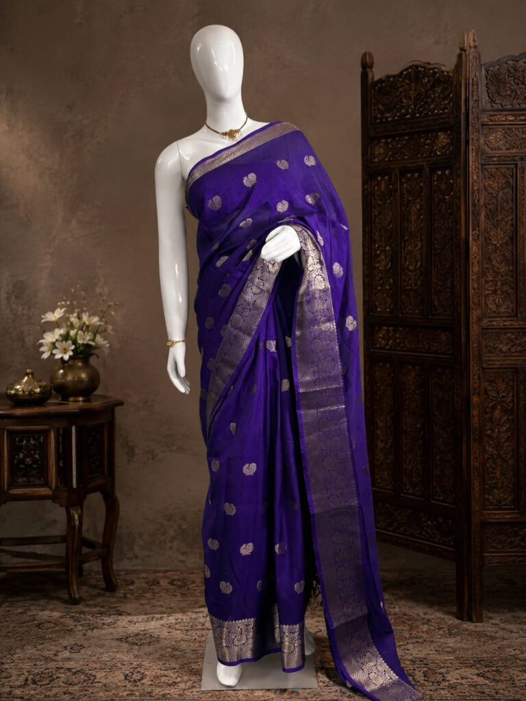 Elegant violet silk blend saree with silver weaving