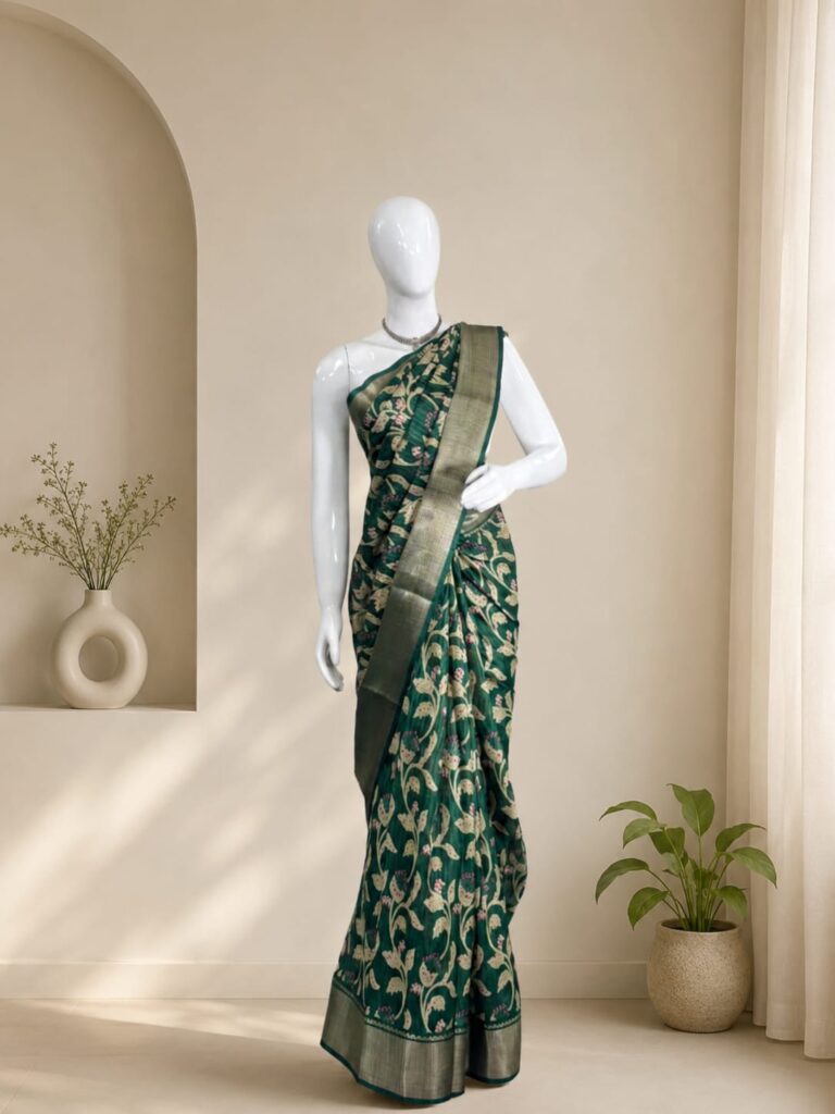 green saree, designer saree, floral saree, zari border saree, festive saree, party wear saree, ethnic saree, elegant saree, woven saree, traditional saree