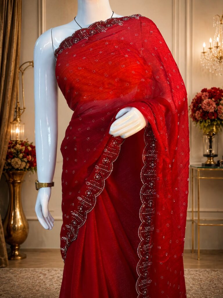 Red party wear saree with embellishments