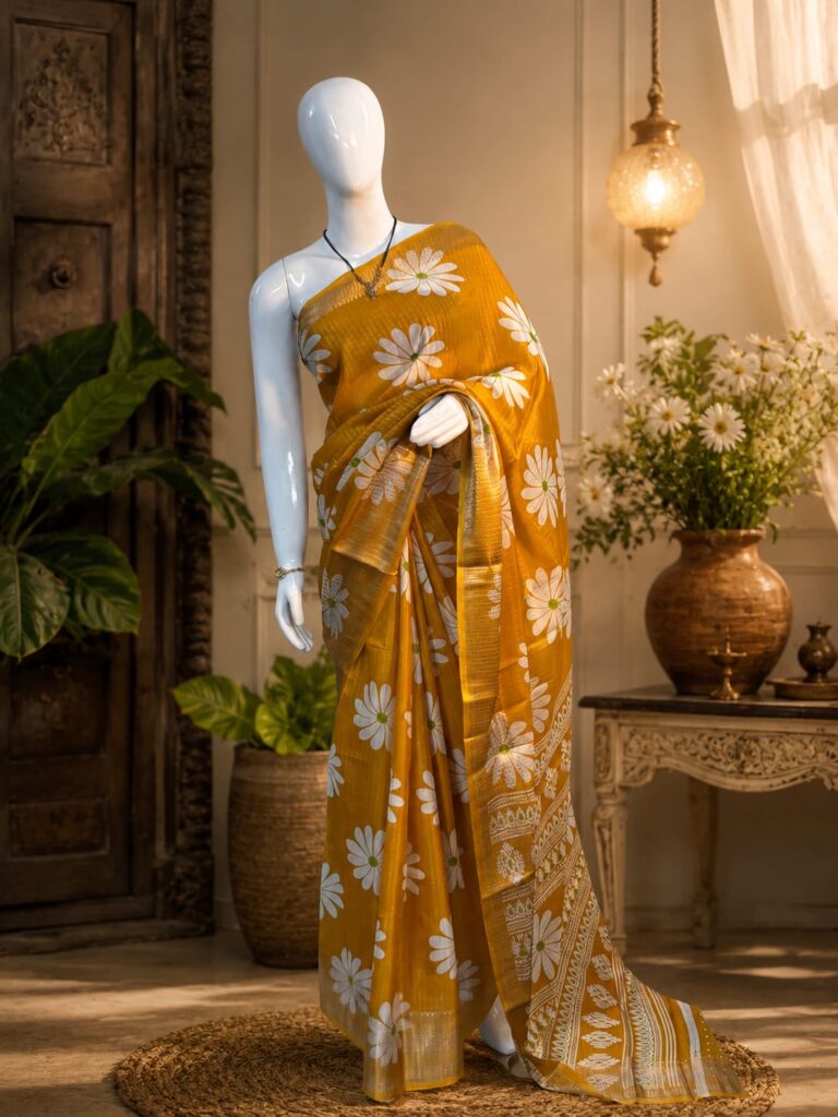 Lightweight mustard saree with floral design