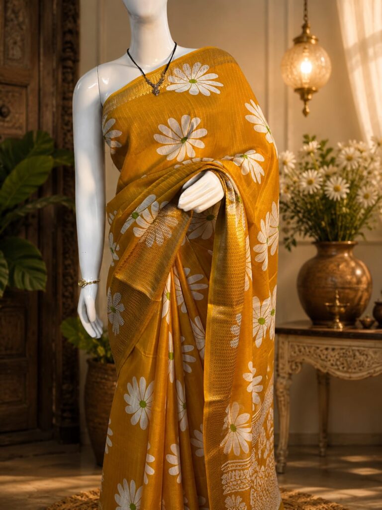 Mustard yellow floral print saree for women
