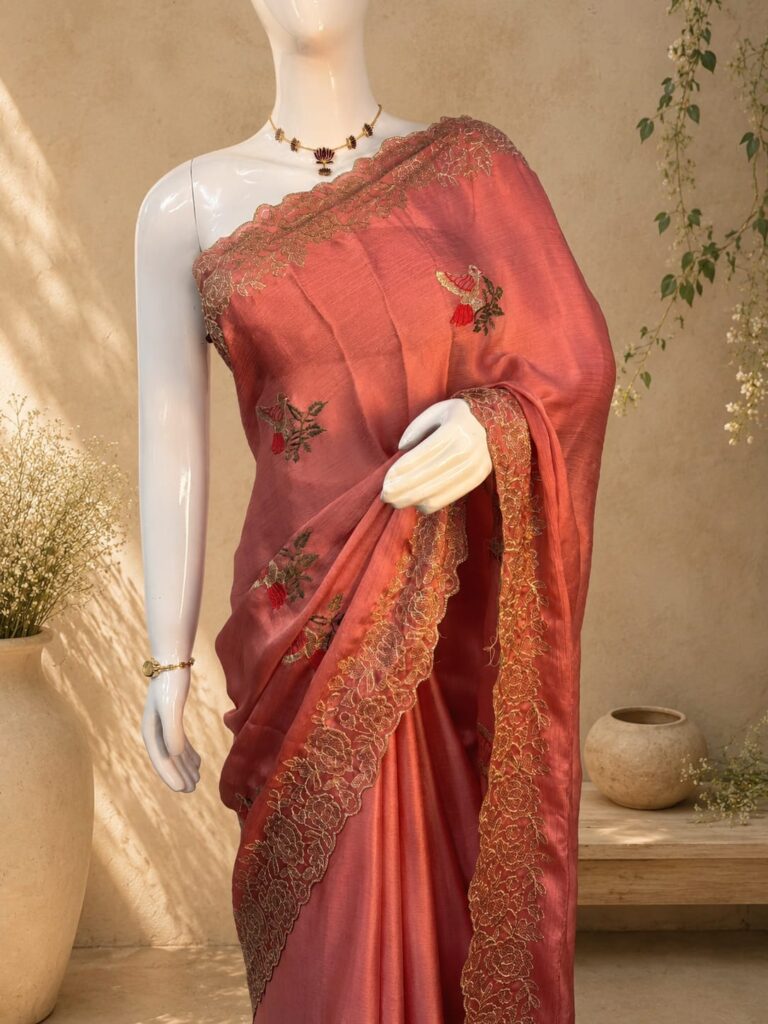pink embroidered saree for women