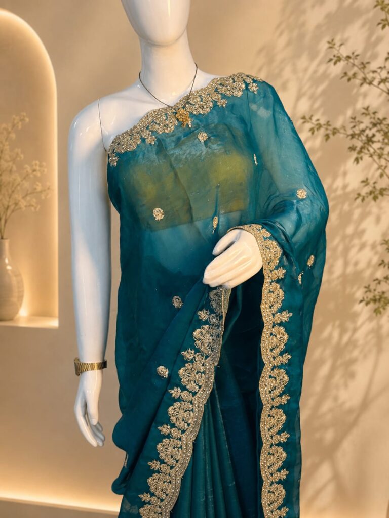 Blue embroidered saree for parties