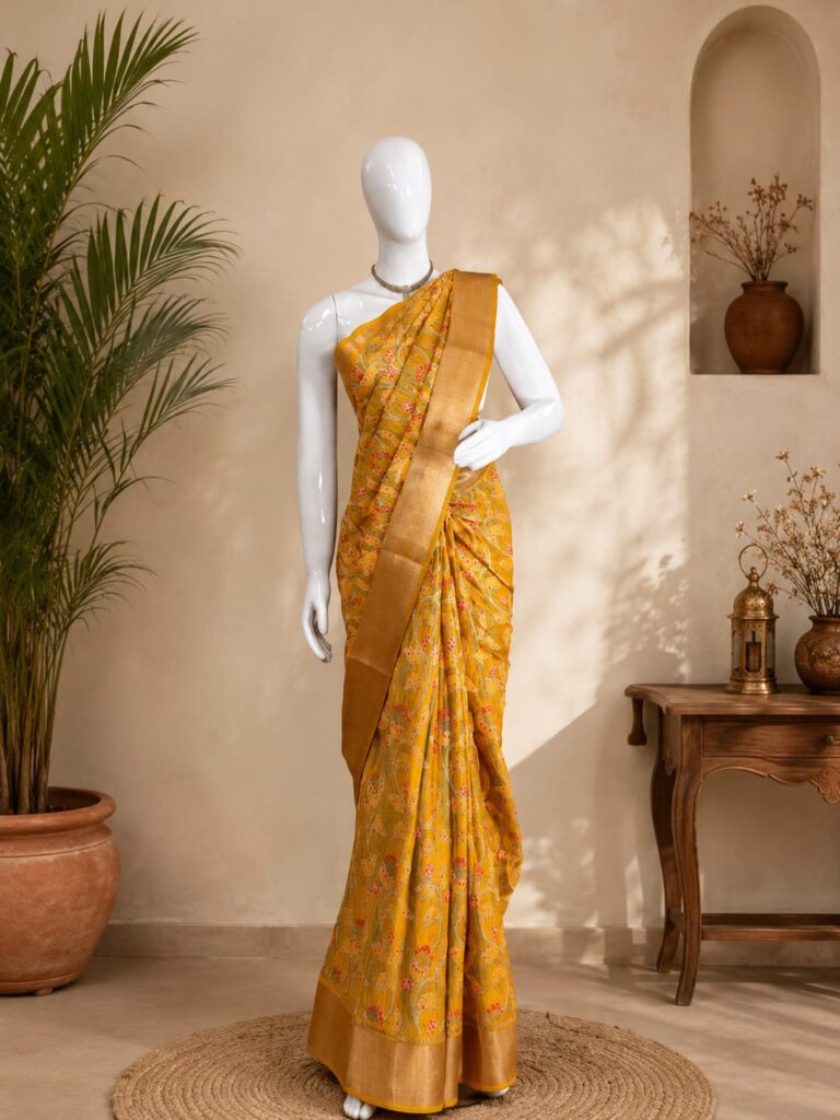 green saree, designer saree, floral saree, zari border saree, festive saree, party wear saree, ethnic saree, elegant saree, woven saree, traditional saree