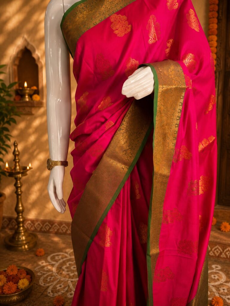 Royal fuchsia pink zari silk saree Traditional pink Kanjivaram saree for women Elegant festive saree with gold woven border Designer ethnic silk saree in vibrant pink