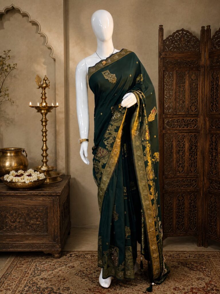 Traditional Emerald green saree with antique gold weaving